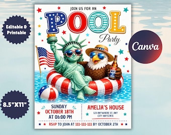 4th of July Pool Party Invitation: Patriotic Digital Template (8.5x11, Editable in Canva)