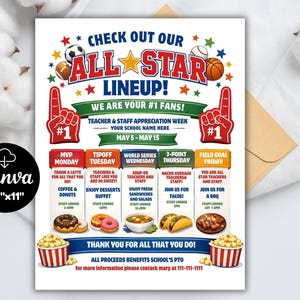 May include: A colorful flyer for Teacher & Staff Appreciation Week, featuring sports-themed graphics and the text "Check Out Our All Star Lineup!" The flyer includes a schedule of daily events, food illustrations, and the Canva logo. The flyer measures 8.5" x 11".