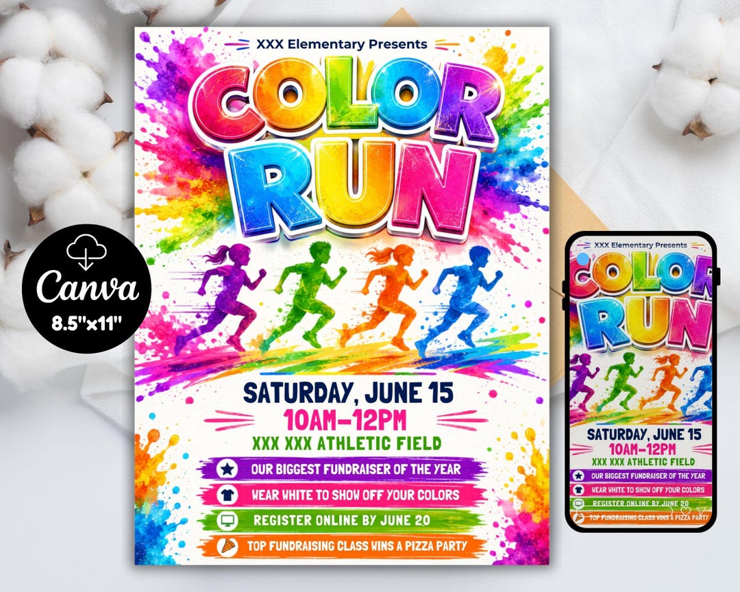 Color Run Flyer Template Editable in Canva | School Fundraiser Fun Run ...