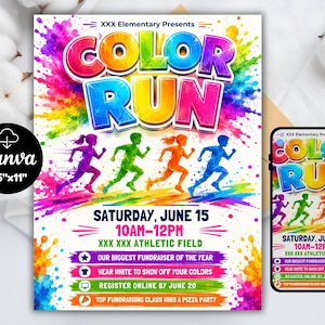 Könnte beinhalten: Ein farbenfrohes Plakat für eine "Color Run"-Veranstaltung mit dem Text "COLOR RUN" in leuchtenden, mehrfarbigen Buchstaben. Das Plakat zeigt Läuferfiguren und Veranstaltungsdetails: Samstag, 15. Juni, 10-12 Uhr und den Veranstaltungsort. Das Plakat ist 21,6 cm x 27,9 cm groß.