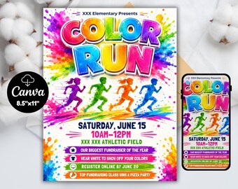 Color Run Flyer Template Editable in Canva | School Fundraiser Fun Run Poster | PTA PTO Event | Instant Download