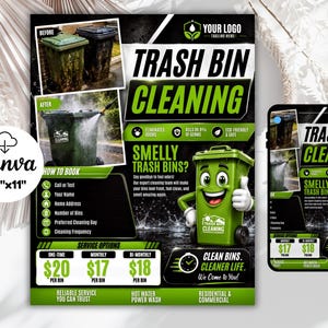 Peut inclure: Un dépliant promotionnel et un affichage sur téléphone mobile pour un service de nettoyage de poubelles. Le design présente une poubelle verte en dessin animé, des photos avant et après, et le texte Trash Bin Cleaning, Smelly Trash Bins, Clean Bins. Cleaner Life.