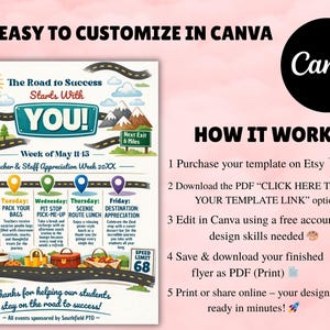 office company team, employee volunteer, itinerary schedule, hospital nurse staff, across america, adventure travel, appreciation week, printable flyer, staff appreciation, teacher appreciation, road trip themed, route 66 theme, thank you calendar Teachers and Staff Appreciation Week Event Flyer, Teacher & Staff Appreciation Schedule Itinerary, PTO PTA Event, Editable Canva Template Editable Teacher Appreciation Week Itinerary Poster Teachers Staff Appreciation Week Event Flyer