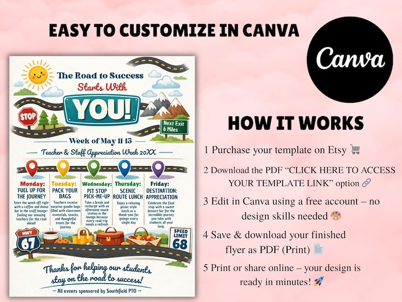 office company team, employee volunteer, itinerary schedule, hospital nurse staff, across america, adventure travel, appreciation week, printable flyer, staff appreciation, teacher appreciation, road trip themed, route 66 theme, thank you calendar Teachers and Staff Appreciation Week Event Flyer, Teacher & Staff Appreciation Schedule Itinerary, PTO PTA Event, Editable Canva Template Editable Teacher Appreciation Week Itinerary Poster Teachers Staff Appreciation Week Event Flyer