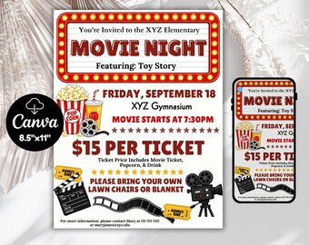Editable Family Movie Night Flyer Template: Canva School Movie Party Poster (Digital Download)