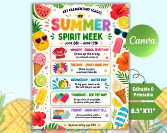 Summer Spirit Week Editable Flyer Template, Printable DIY Itinerary for School Events, PTO Summer Planner, Back to School Spirit Week Flyers