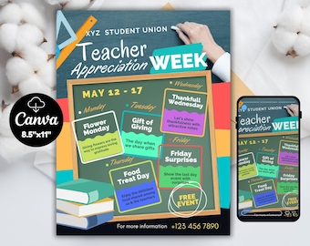 Teacher and Staff Appreciation Week Itinerary Poster Schedule Events Flyer Template Apple Rainbow Pencil School PTO PTA Sign EDITABLE