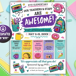Könnte beinhalten: Ein farbenfrohes Flugblatt für die Mitarbeiter-Wertschätzungswoche an der XYZ Elementary. Das Design umfasst Illustrationen einer Kassette, eines Rucksacks und eines Donuts. Das Flugblatt ist 21,6 cm x 27,9 cm groß und listet tägliche Veranstaltungen auf.