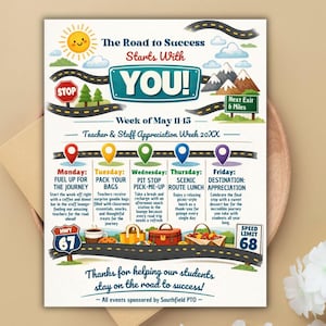 office company team, employee volunteer, itinerary schedule, hospital nurse staff, across america, adventure travel, appreciation week, printable flyer, staff appreciation, teacher appreciation, road trip themed, route 66 theme, thank you calendar Teachers and Staff Appreciation Week Event Flyer, Teacher & Staff Appreciation Schedule Itinerary, PTO PTA Event, Editable Canva Template Editable Teacher Appreciation Week Itinerary Poster Teachers Staff Appreciation Week Event Flyer