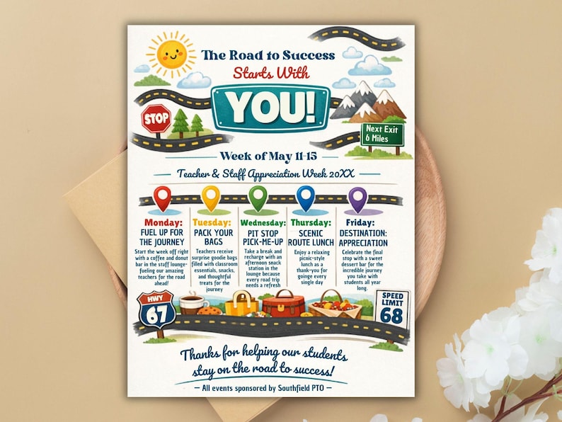 office company team, employee volunteer, itinerary schedule, hospital nurse staff, across america, adventure travel, appreciation week, printable flyer, staff appreciation, teacher appreciation, road trip themed, route 66 theme, thank you calendar Teachers and Staff Appreciation Week Event Flyer, Teacher & Staff Appreciation Schedule Itinerary, PTO PTA Event, Editable Canva Template Editable Teacher Appreciation Week Itinerary Poster Teachers Staff Appreciation Week Event Flyer