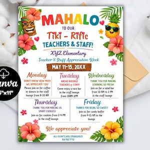 Editable Hawaiian Themed Teacher Appreciation Week Itinerary Beach Theme Poster Appreciation Week Schedule Events CANVA Template Colorful