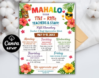 Editable Hawaiian Themed Teacher Appreciation Week Itinerary Beach Theme Poster Appreciation Week Schedule Events CANVA Template Colorful