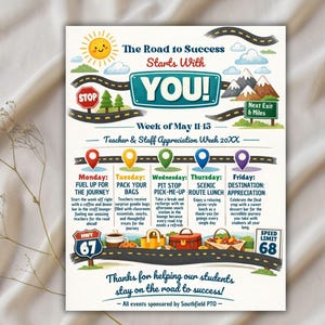 office company team, employee volunteer, itinerary schedule, hospital nurse staff, across america, adventure travel, appreciation week, printable flyer, staff appreciation, teacher appreciation, road trip themed, route 66 theme, thank you calendar Teachers and Staff Appreciation Week Event Flyer, Teacher & Staff Appreciation Schedule Itinerary, PTO PTA Event, Editable Canva Template Editable Teacher Appreciation Week Itinerary Poster Teachers Staff Appreciation Week Event Flyer
