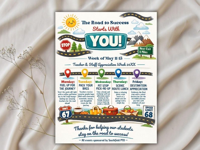 office company team, employee volunteer, itinerary schedule, hospital nurse staff, across america, adventure travel, appreciation week, printable flyer, staff appreciation, teacher appreciation, road trip themed, route 66 theme, thank you calendar Teachers and Staff Appreciation Week Event Flyer, Teacher & Staff Appreciation Schedule Itinerary, PTO PTA Event, Editable Canva Template Editable Teacher Appreciation Week Itinerary Poster Teachers Staff Appreciation Week Event Flyer