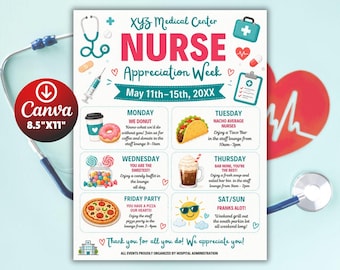 Editable Nurse Appreciation Week Flyer | Nursing Itinerary Template | Canva Printable | Nurse Event Schedule