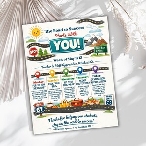 office company team, employee volunteer, itinerary schedule, hospital nurse staff, across america, adventure travel, appreciation week, printable flyer, staff appreciation, teacher appreciation, road trip themed, route 66 theme, thank you calendar Teachers and Staff Appreciation Week Event Flyer, Teacher & Staff Appreciation Schedule Itinerary, PTO PTA Event, Editable Canva Template Editable Teacher Appreciation Week Itinerary Poster Teachers Staff Appreciation Week Event Flyer