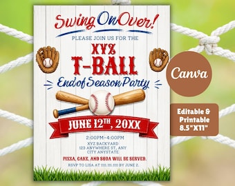 Editable Tball Party Invite Canva Template, End of Season T-ball Invitation