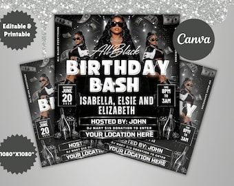 All Black Affair Birthday Bash Flyer, Elegant Event CanvaTemplate