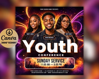 Youth Conference Church Flyer Template-Editable Canva-Teen Youth Ministry-Group Event-Sunday Worship Service-Guest Speaker-Modern Design