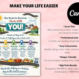 office company team, employee volunteer, itinerary schedule, hospital nurse staff, across america, adventure travel, appreciation week, printable flyer, staff appreciation, teacher appreciation, road trip themed, route 66 theme, thank you calendar Teachers and Staff Appreciation Week Event Flyer, Teacher & Staff Appreciation Schedule Itinerary, PTO PTA Event, Editable Canva Template Editable Teacher Appreciation Week Itinerary Poster Teachers Staff Appreciation Week Event Flyer