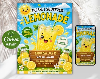 Editable Lemonade Stand Flyer Template, Printable Sign (Canva)