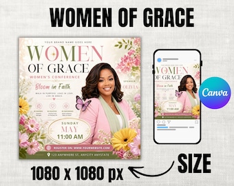 Women's Conference Flyer Church Template-Womens Ministry Fellowship-Womens Month-Church Retreat-Empowerment Event-Pink Floral-Editable Canva