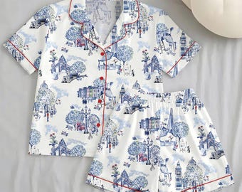 Conjunto de pijama con estampado de Londres, ropa de estar por casa para mujer con motivos de monumentos británicos, regalo de viaje para ella.