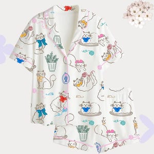 Süßer Katzen Pyjama Set, Cartoon Kätzchen PJs, Kawaii Loungewear für Frauen, Geschenk für Katzenliebhaber, Bequemer kurzer Pyjama, Lustige Tier Print Nachtwäsche