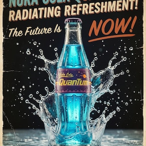 May include: A vintage-style advertisement for Nuka Cola Quantum. The bottle, filled with blue liquid, is the focal point, surrounded by a splash of water. The text reads "Nuka Cola Quantum - Radiating Refreshment! The Future Is NOW!"