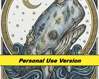 May include: An illustrated artwork depicting a whale rising from swirling blue and green waves. The whale is grey with stitched details and a button eye. A crescent moon and stars are in the background, with the text "Personal Use Version" across the image.