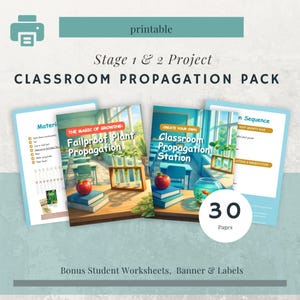 May include: A printable classroom propagation pack with the text "Stage 1 & 2 Project CLASSROOM PROPAGATION PACK." The pack includes worksheets, labels, and a banner. The cover of the main project is titled "Failproof Plant Propagation."