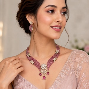 May include: A woman wearing a ruby and diamond necklace and matching earrings. The necklace features a floral pendant with three teardrop-shaped ruby drops. The earrings have a similar design. The jewelry is set against a pink background.