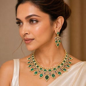 May include: A gold necklace and matching earrings set with emerald green and purple gemstones. The necklace features a series of teardrop-shaped emeralds and smaller round gems. The earrings have a similar design, with multiple emeralds.