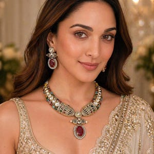 Ruby Red Kundan Necklace Set with matching Earrings, Indian Bridal Jewelry Necklace, Moissanite Doublet Stone Ethnic Necklace Set,