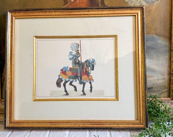 Lithographie colorée à la main, chevalier en armure à cheval von Reibisch, impression ancienne allemande du XIXe siècle