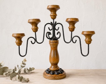 Vintage 5-Arm Wood Wrought Iron Candelabra, Turned Walnut Candle Holder