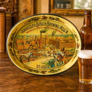 Bandeja ovalada de hojalata con litografía de Anheuser-Busch Brewing Assn. St. Louis, Missouri