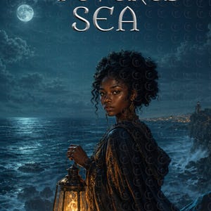 May include: Book cover art featuring a woman holding a lantern, set against a stormy sea and night sky. The title "NAVIGATING THE FEVERED SEA" is displayed above, with the author's name, AMAHLE TRAYLOR, at the bottom. The overall theme is fantasy.