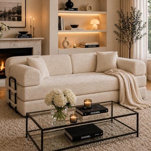 May include: A cozy living room scene featuring a cream-colored sofa with black metal accents, a glass coffee table, and a fireplace. The room is decorated with candles, flowers, and books, creating a warm and inviting atmosphere.
