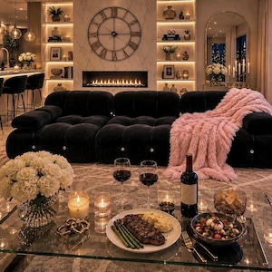 May include: A black tufted modular sofa with a pink faux fur throw blanket, positioned in front of a fireplace and a large wall clock. A glass coffee table holds a plate with steak, mashed potatoes, asparagus, a salad, and wine.