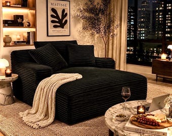 Black Chaise Lounge Chair | Oversized Corduroy Cloud Couch | No Assembly Required | Cozy Modern Sleeper Sofa