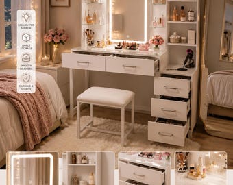 White Makeup Vanity | LED Mirror | Vanity Desk with Glass Top | RGB Lights | 5 Drawers |Power Outlet | Chair Included | Free Shipping