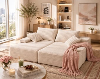 Oversized Double Chaise Lounge Sofa | Cloud Corduroy Loveseat Couch | Deep Seat Floor Sofa | No Assembly | Luxury Cozy Furniture
