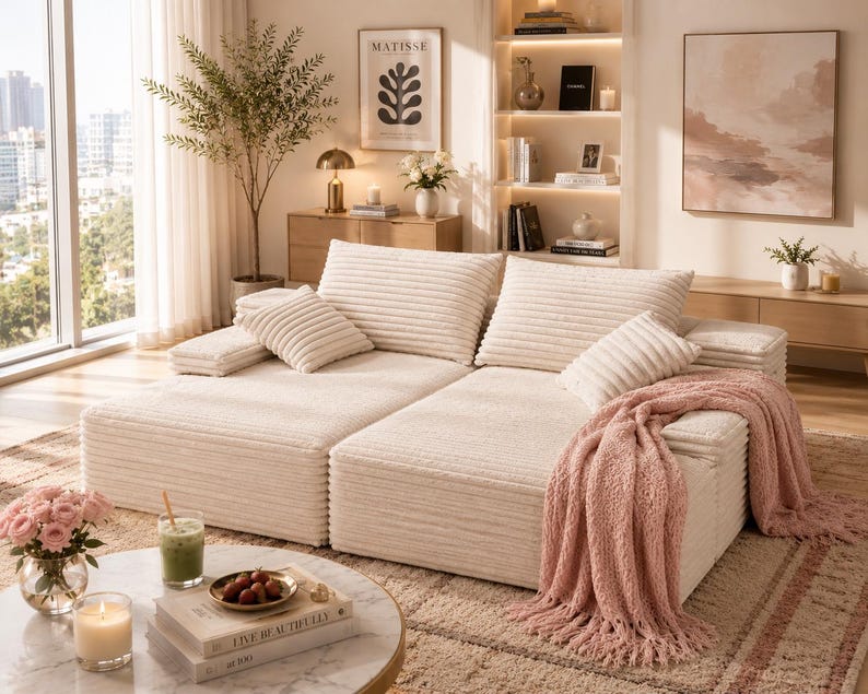 May include: A cream-colored corduroy sectional sofa with multiple cushions and a pink throw blanket. The sofa is in a well-lit living room with a coffee table, flowers, and artwork.