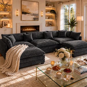 May include: A large, dark grey sectional sofa with multiple cushions and a matching ottoman. A cream-coloured knitted throw blanket is draped over the sofa. A glass coffee table holds coffee cups, pastries, and flowers.
