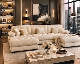 Ivory Cloud Couch | 3 Seater Modular Sofa With 2 Ottomans | Luxury Chenille Lounge Couch | Modern Deep Seat Sofa