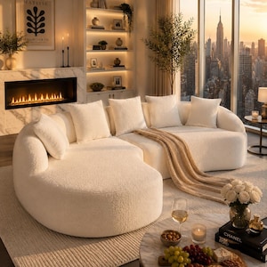 May include: A stylish living room with a cream-coloured, curved sectional sofa. The room includes a fireplace, built-in shelves, and a large window with a city skyline view. A coffee table displays snacks, drinks, and books. The decor creates a luxurious and inviting atmosphere.