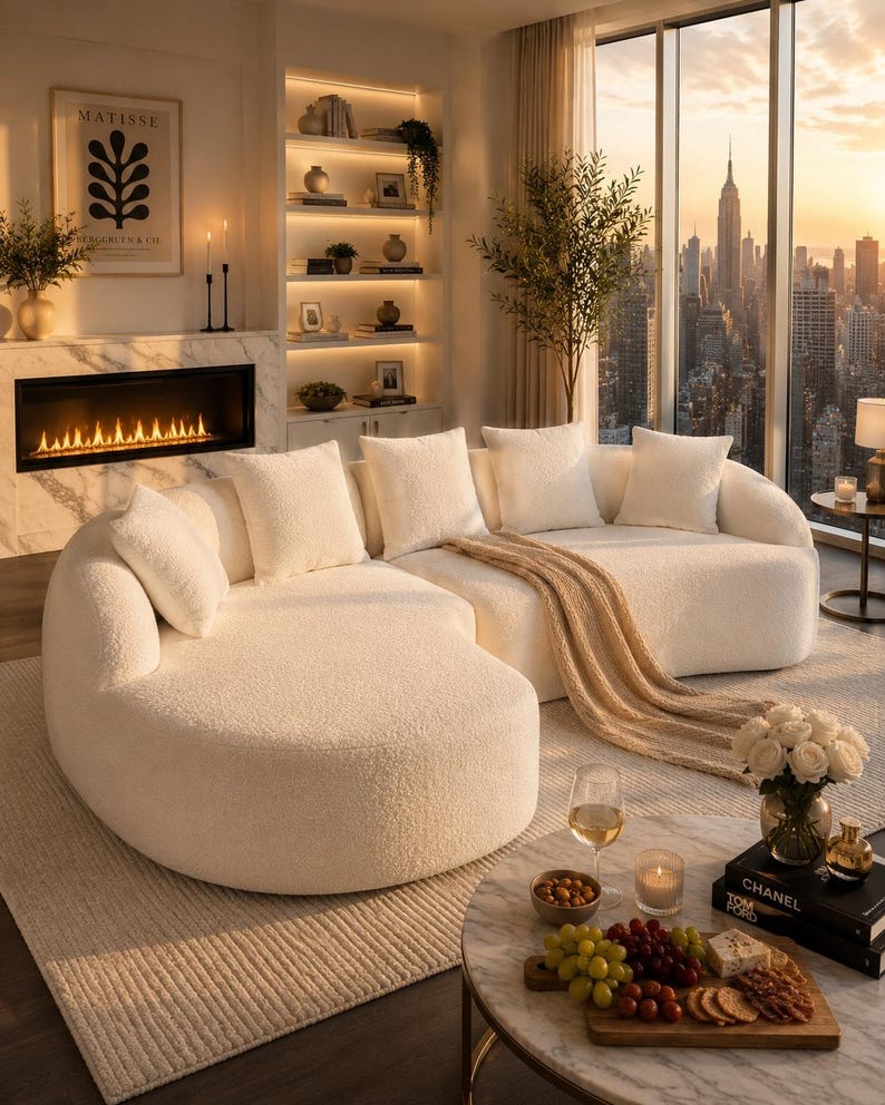 May include: A stylish living room with a cream-coloured, curved sectional sofa. The room includes a fireplace, built-in shelves, and a large window with a city skyline view. A coffee table displays snacks, drinks, and books. The decor creates a luxurious and inviting atmosphere.