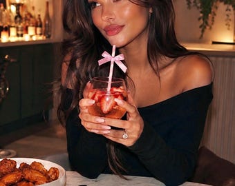 Pink Bow Paper Straws Set of 16 | Coquette Party Decor | Bridal Shower Straws | Girls Brunch Birthday Decor | Baby Shower Aesthetic