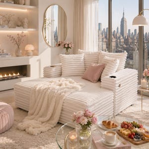 May include: A contemporary living room featuring a white sectional sofa, a fluffy throw, and decorative cushions. A glass coffee table displays a charcuterie board, pastries, and coffee. The room has a city view, a fireplace, and a round mirror.